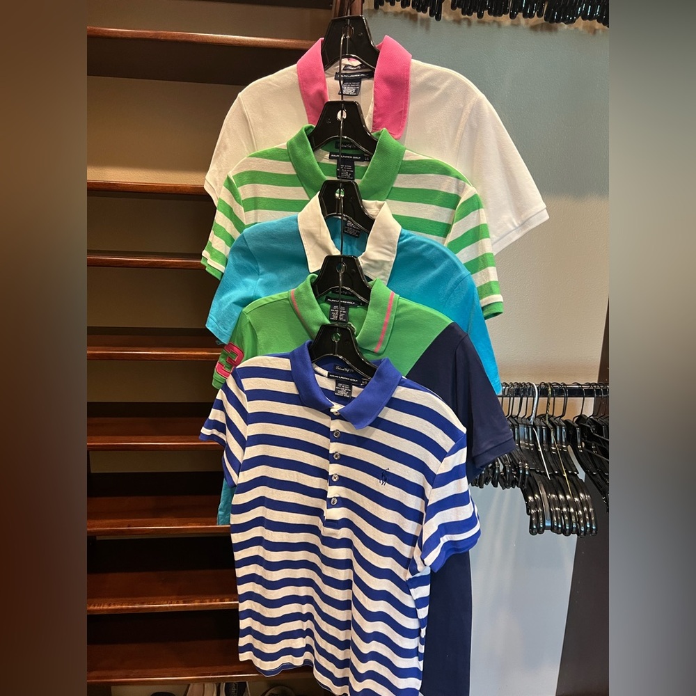 5 Ralph Lauren Women's Short Sleeve Striped Golf Polos - Blue, Green, Pink